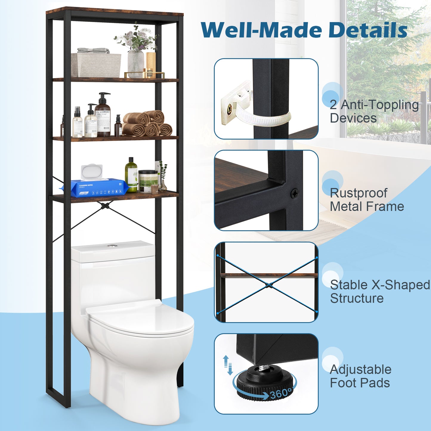 Topbuy Over The Toilet Storage 4-Tier Industrial Over-the-Toilet Space Saver Storage Rack w/ Adjustable Feet & Anti-Toppling Devices