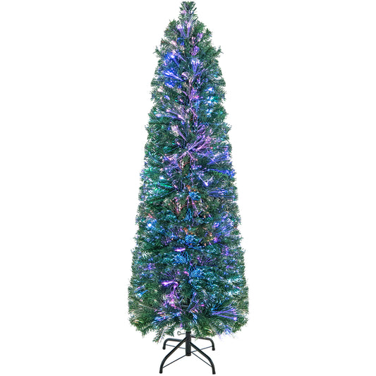 Topbuy 5/6/7/8 FT Fiber Optic Artificial Christmas Tree Prelit Pencil Christmas Tree with 361/517/697/889 Branch Tips Foldable Metal Stand