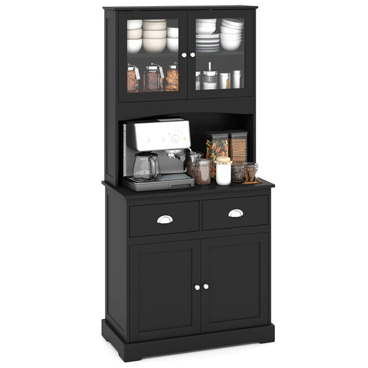 Topbuy Tall Storage Cabinet Freestanding Kitchen Pantry w/ Microwave Stand & 2 Drawers for Living Room Dining Room Black