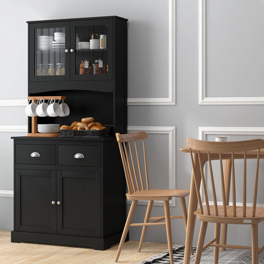 Topbuy Tall Storage Cabinet Freestanding Kitchen Pantry w/ Microwave Stand & 2 Drawers for Living Room Dining Room Black