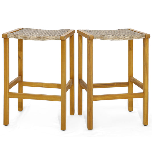 Topbuy  Set of 2/4 Outdoor Wood Bar Stools 30'' Bar Height Acacia Wood Stools with PE Rattan Saddle Seat Outdoor Wicker Bar Chairs