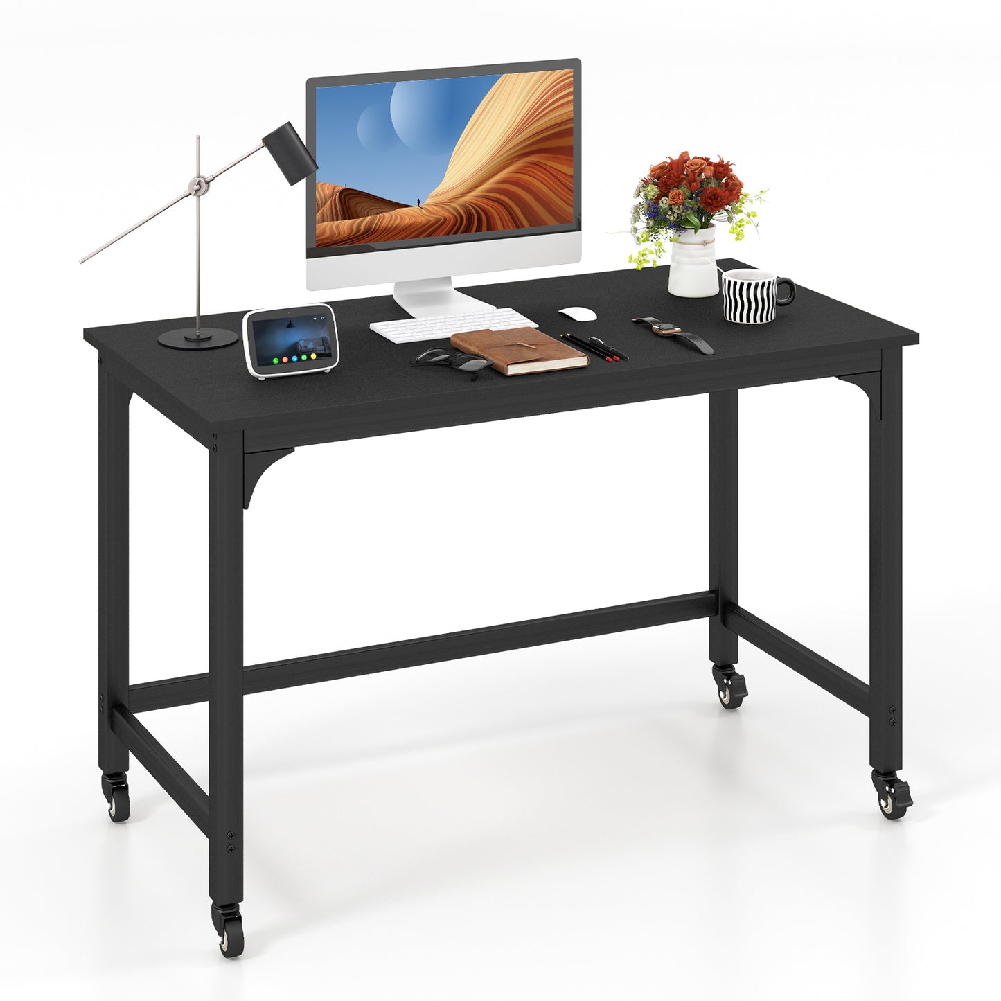 Topbuy 48” Rolling Computer Desk Mobile Study Writing Desk with Metal Frame Movable Home Office Desk White/Black