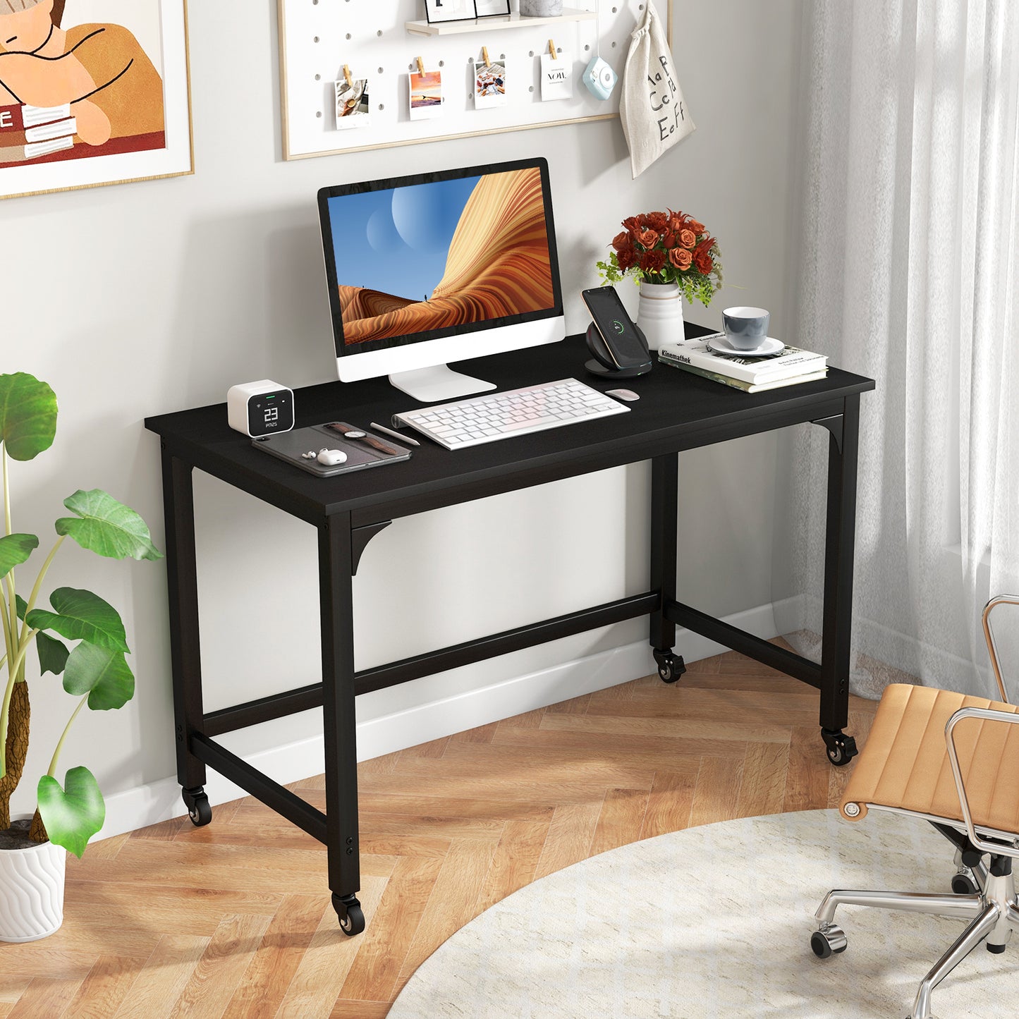 Topbuy 48” Rolling Computer Desk Mobile Study Writing Desk with Metal Frame Movable Home Office Desk White/Black