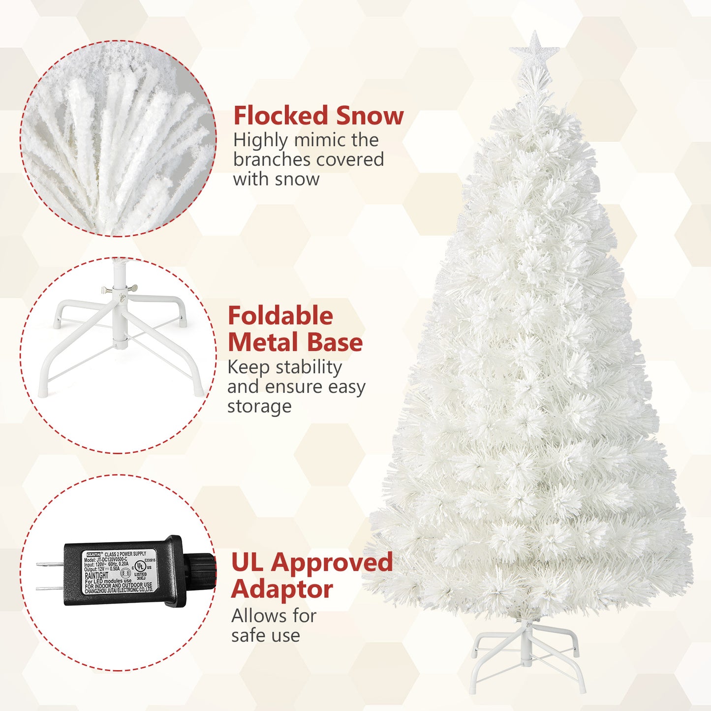 Topbuy 5/6/7FT Pre-lit Fiber Optic Christmas Tree White Snow-Flocked Artificial Xmas Tree with 170/220/270 Branch Tips