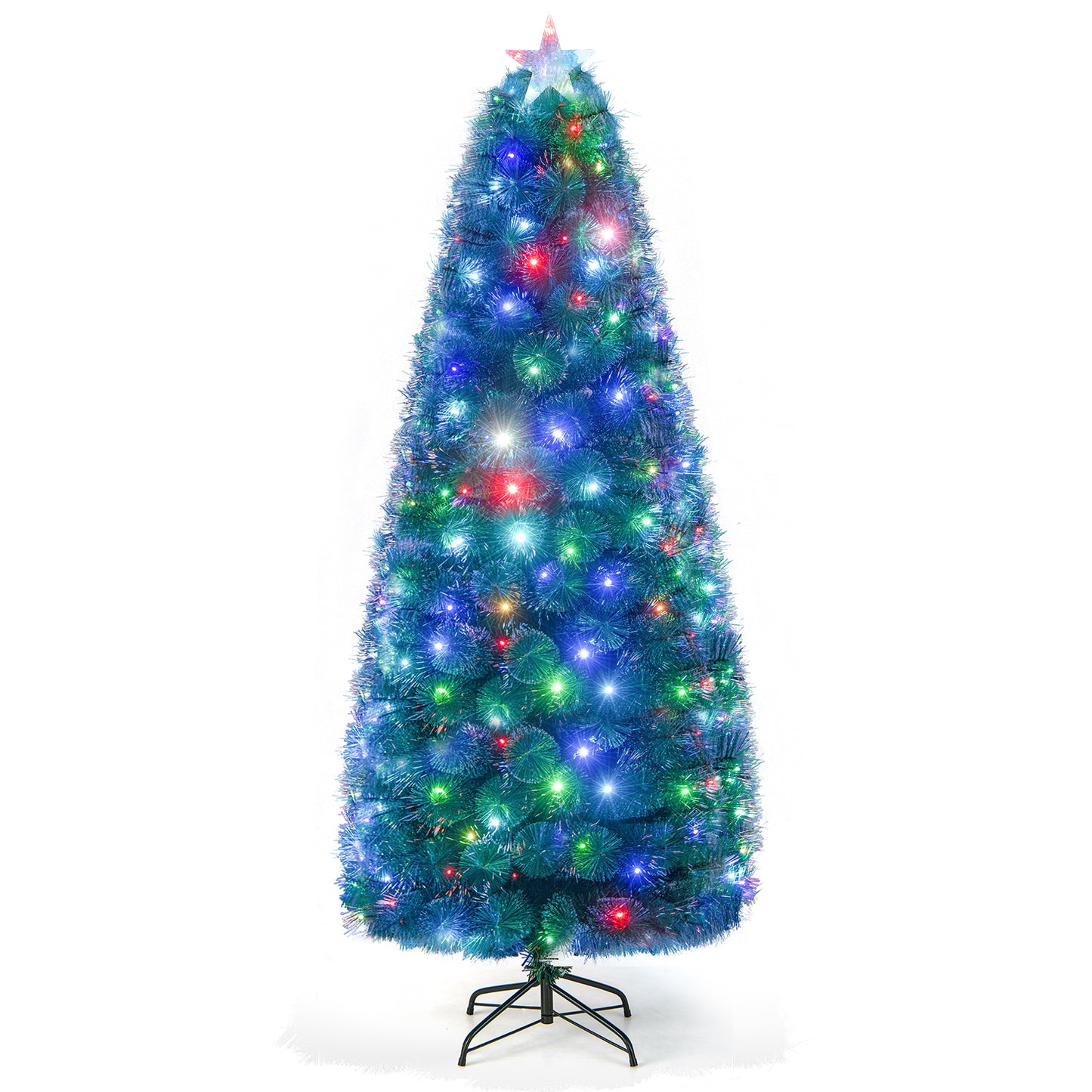 Topbuy 5/6/7FT Pre-lit Fiber Optic Christmas Tree Artificial Xmas Tree with 148/185/226 Multi-Color LED Lights Snowy Pine Needles & Top Star Light