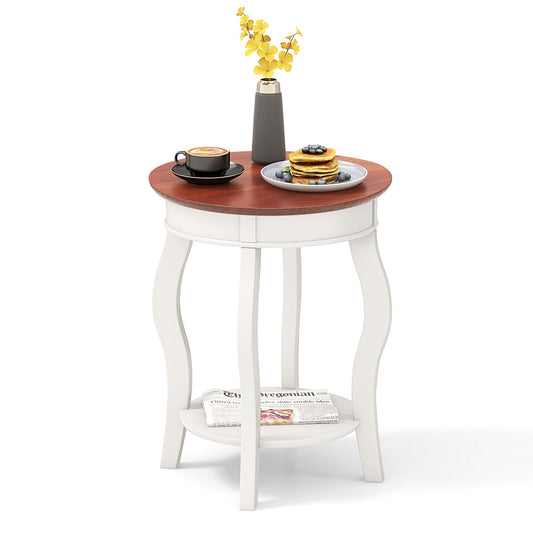 Topbuy 2-Tier Round End Table Floor Tea Table with Solid Rubber Wood Legs White & Walnut