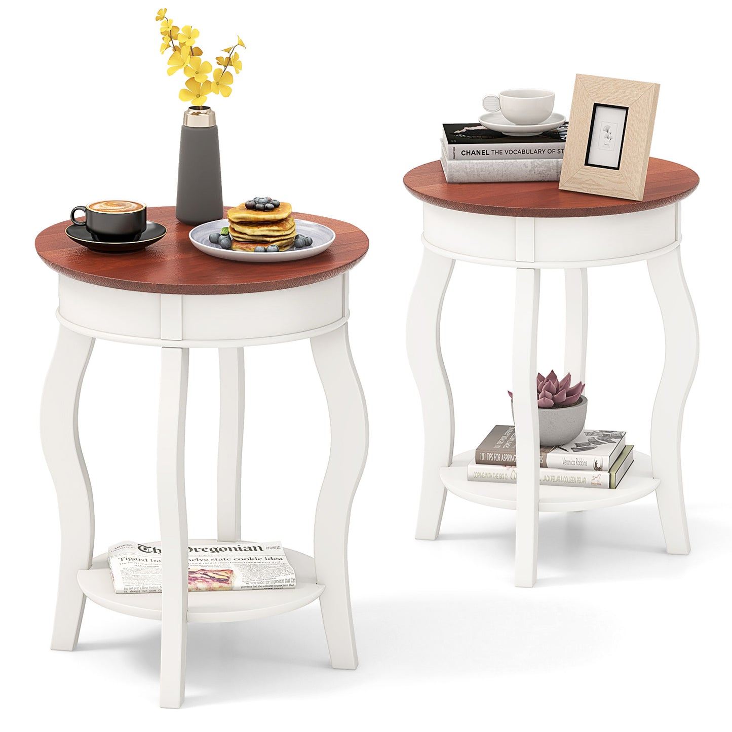 Topbuy 2-Tier Round End Table Floor Tea Table with Solid Rubber Wood Legs White & Walnut