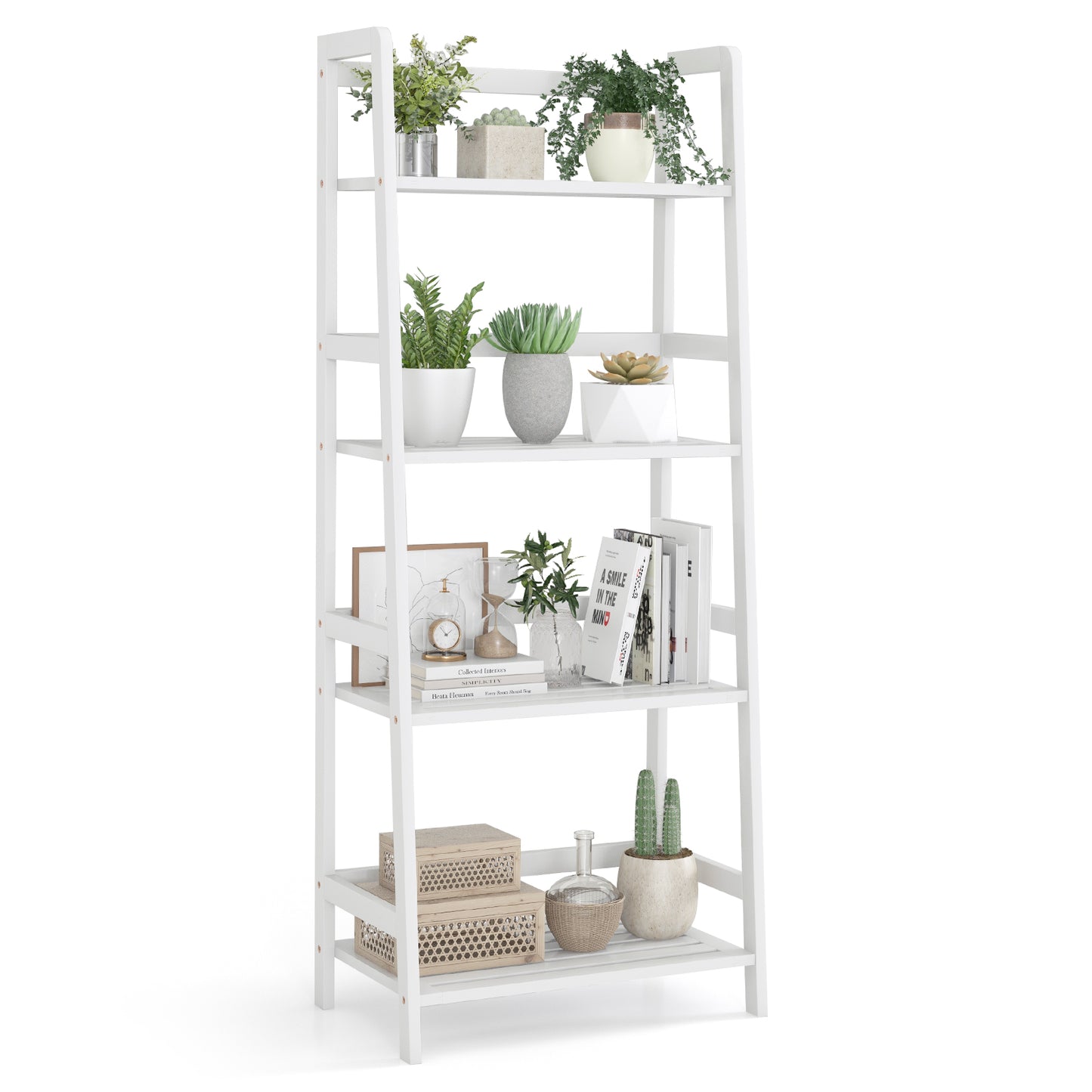 Topbuy 4-Tier Bamboo Storage Rack Plant Flower Holder Display Shelves White