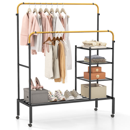 Topbuy Double Rods Garment Rack Clothes Drying Rack w/ 2 Hanging Height Adjustable Rods 4 Universal Wheels Gold/Silver