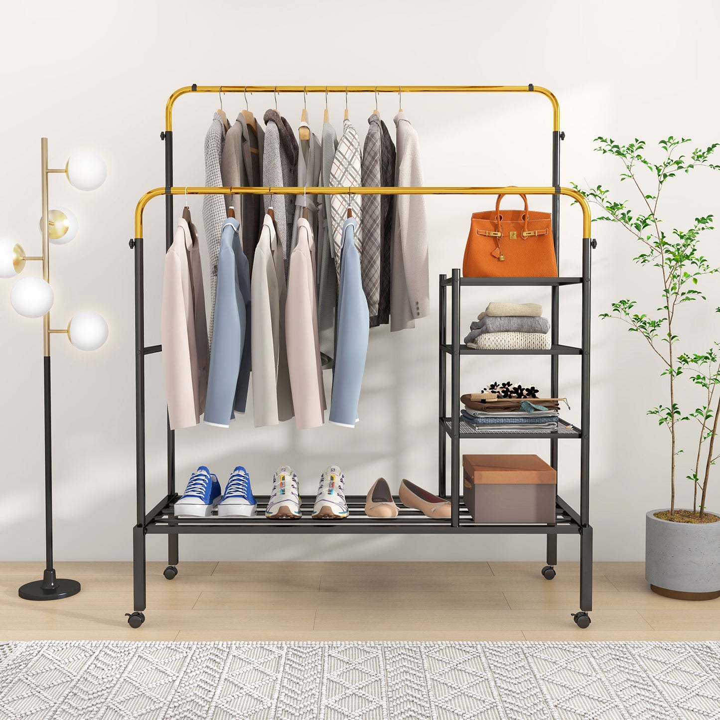 Topbuy Double Rods Garment Rack Clothes Drying Rack w/ 2 Hanging Height Adjustable Rods 4 Universal Wheels Gold/Silver