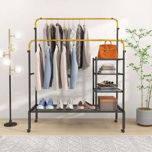 Topbuy Double Rods Garment Rack Clothes Drying Rack w/ 2 Hanging Height Adjustable Rods 4 Universal Wheels Gold/Silver