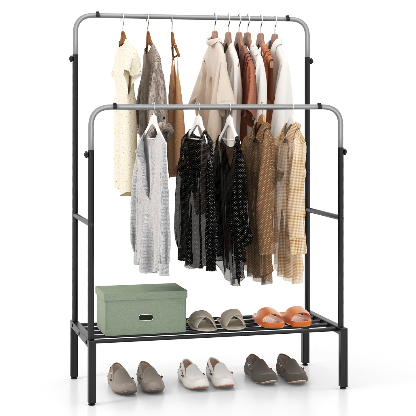 Topbuy Double Rods Garment Rack 2 Heights Adjustable Clothing Rack Heavy Duty Metal Frame Clothing Rack for Hanging Clothes