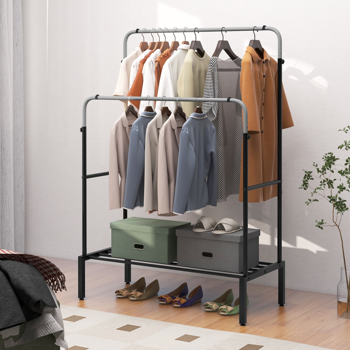 Topbuy Double Rods Garment Rack 2 Heights Adjustable Clothing Rack Heavy Duty Metal Frame Clothing Rack for Hanging Clothes