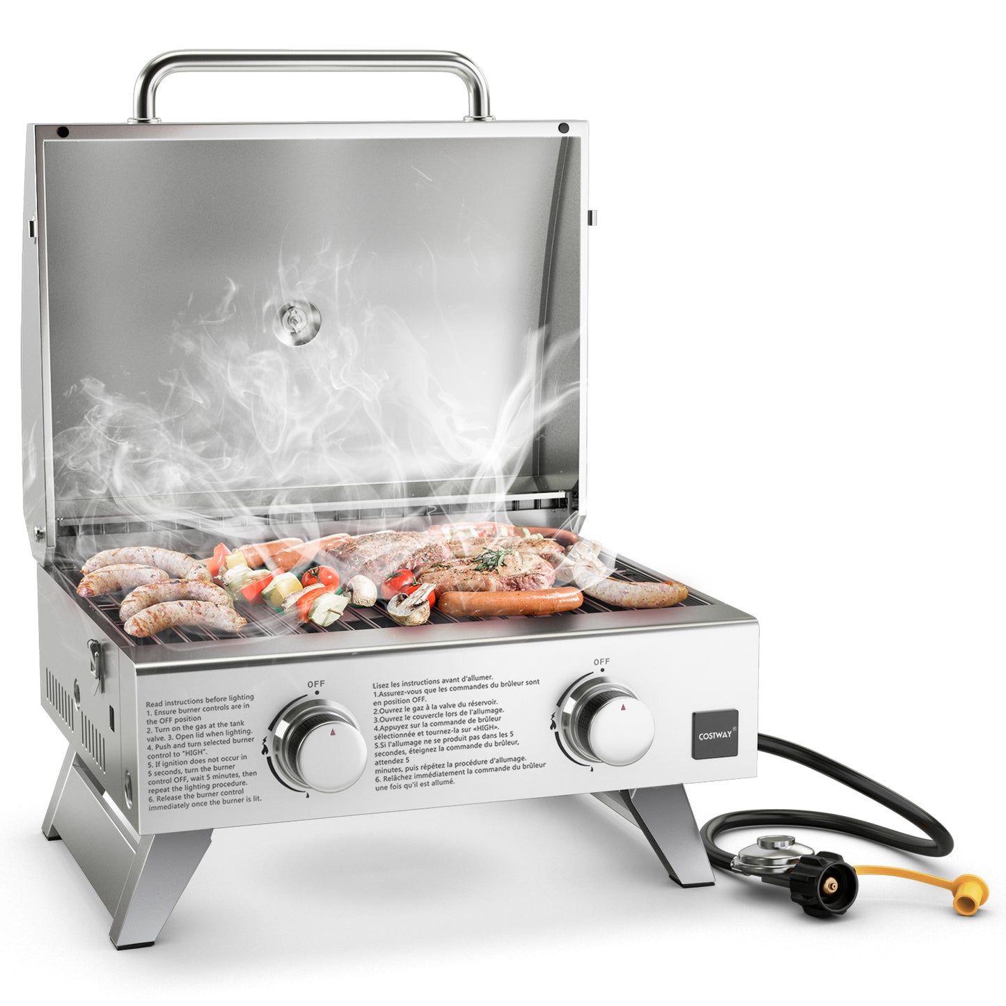 Topbuy 20,000 BTU BTU Portable Gas Grill 2-Burner Stainless Steel Propane Grill w/ Lid & Handle Top Thermometer & Extra Flame Rod