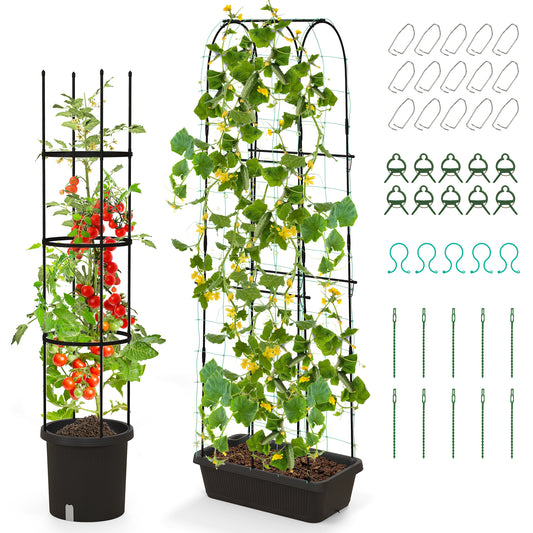 Topbuy 2-Pack Garden Trellis, 58.5" Tomato Cage & 71" Cucumber Trellis w/ Planter Box Self-Priming Irrigation