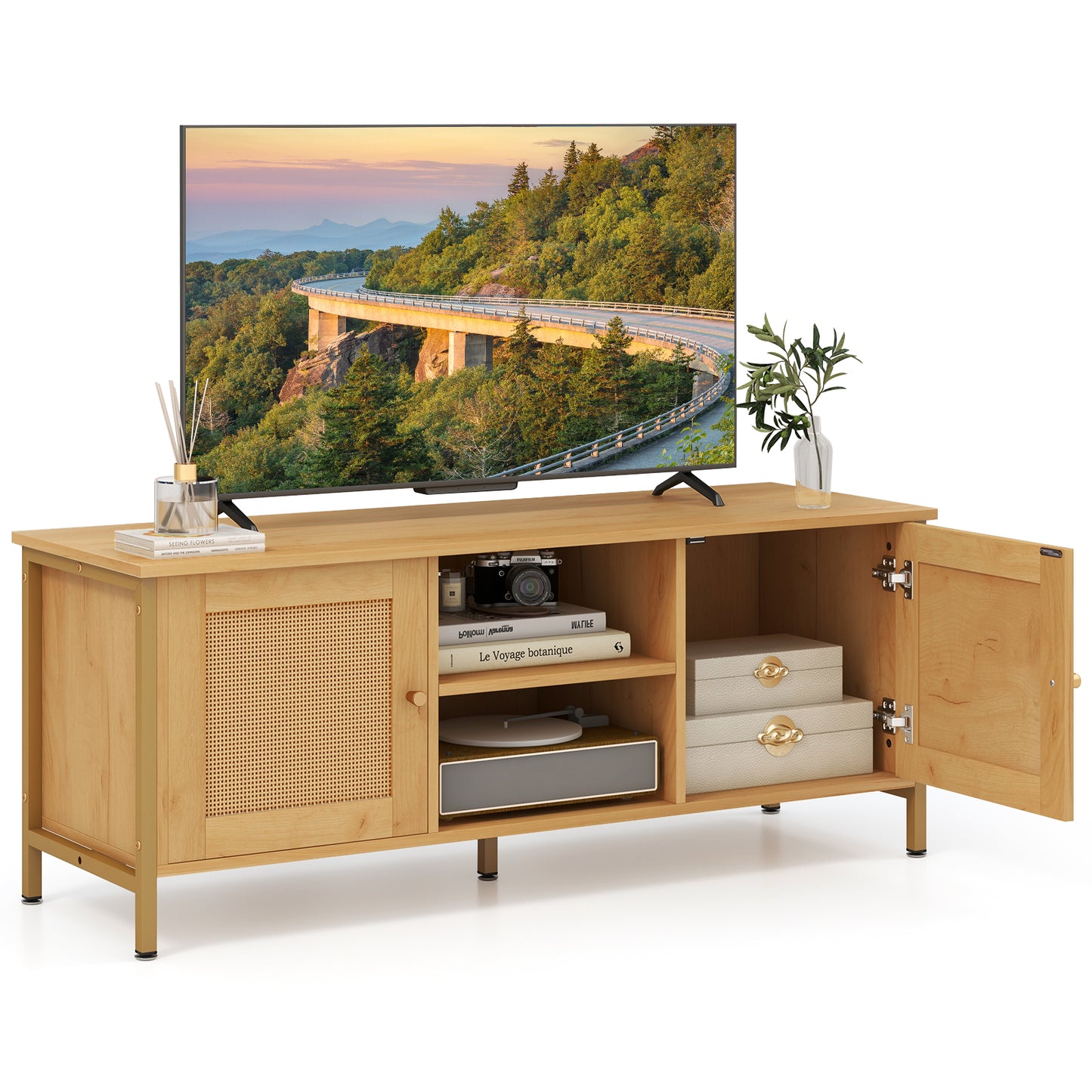 Topbuy Boho TV Stand for TVs up to 55" PE Rattan Weaving Media Console Table w/ 2 Cabinets & Open Shelf 5 Metal Legs