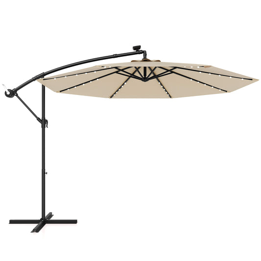 Topbuy 10 FT Solar Offset Hanging Umbrella w/ 40 Lamp Beads  Solar Panel Easy Tilt Adjustment Lighted Patio Cantilever Umbrella Beige