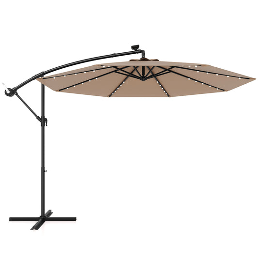 Topbuy 10 FT Solar Offset Hanging Umbrella w/ 40 Lamp Beads  Solar Panel Easy Tilt Adjustment Lighted Patio Cantilever Umbrella Tan