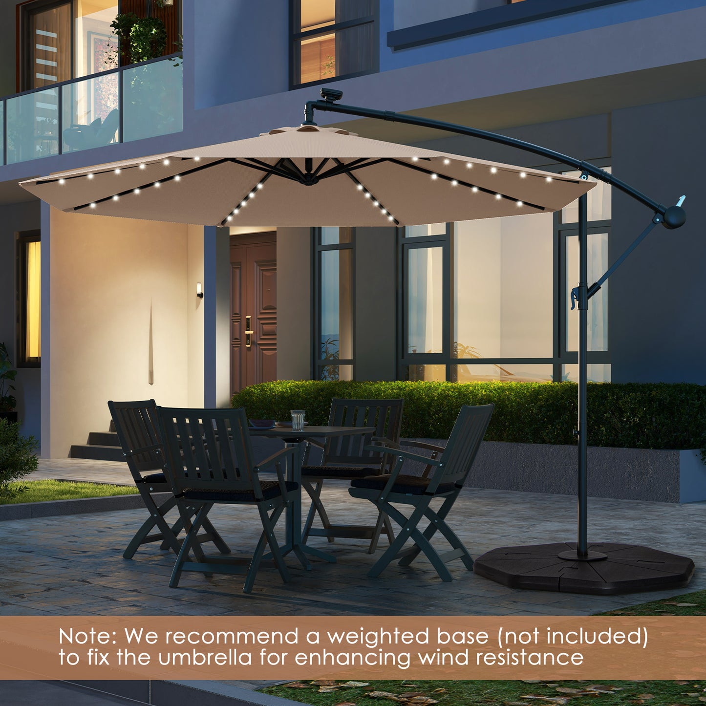 Topbuy 10 FT Solar Offset Hanging Umbrella w/ 40 Lamp Beads  Solar Panel Easy Tilt Adjustment Lighted Patio Cantilever Umbrella Tan