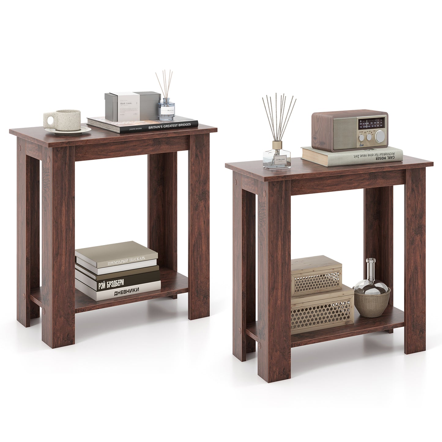 Topbuy 2pcs Wood End Table 2-tier Rectangular Side Table Home Accent Table w/ Storage Shelf Small Night Stands Sofa Side Coffee Table Mahogany