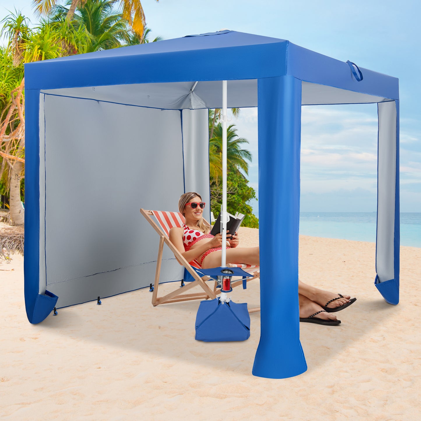 Topbuy Beach Canopy Tent Beach Cabana with Detachable Sidewall 5 Sandbags Carrying Bag UPF 50+ Protection Outdoor Beach Umbrella Shelter for Beach