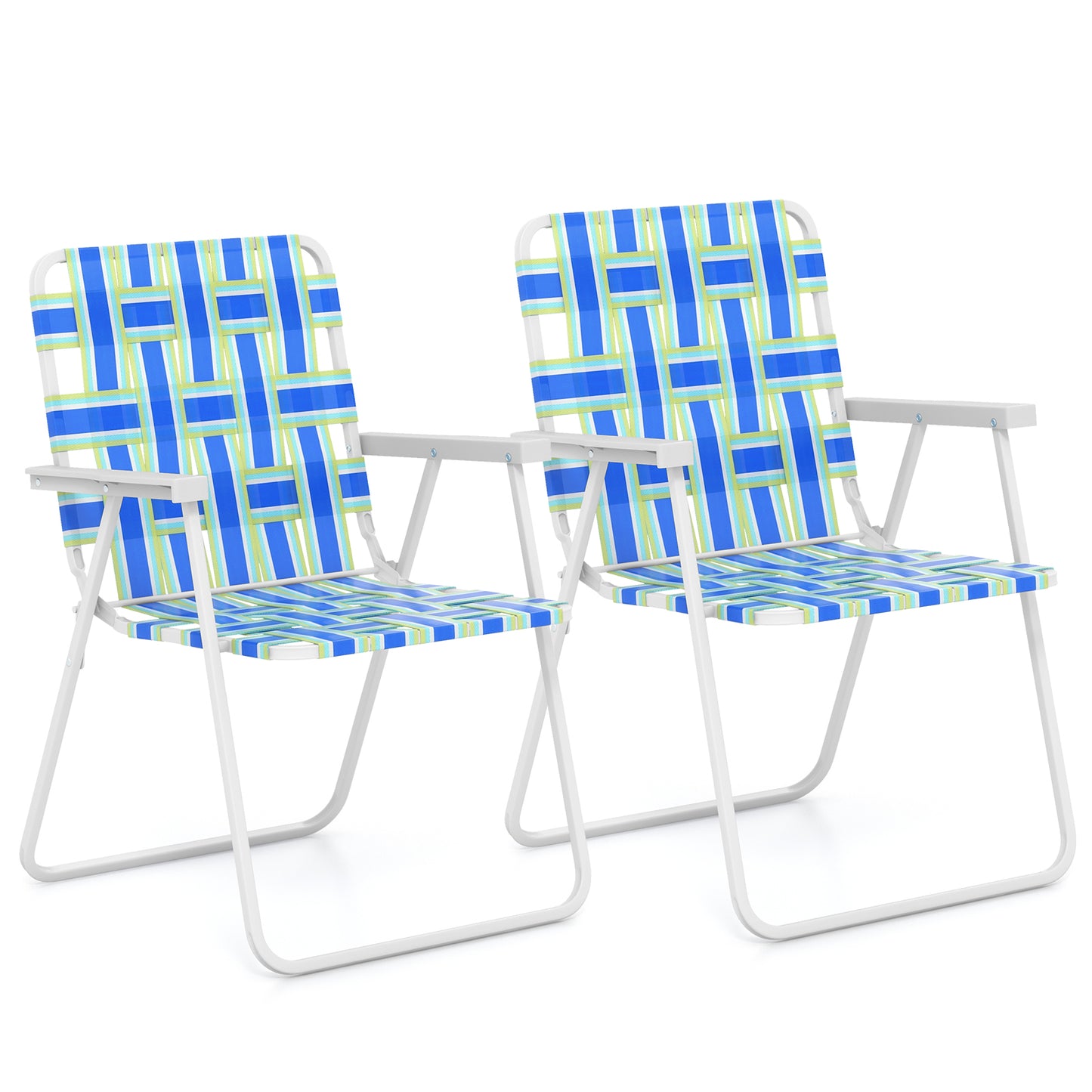 Topbuy Set of 2 Webbed Lawn Chairs, Outdoor Patio Folding Chairs w/ Heavy-Duty Metal Frame Lightweight Portable Web Camping Chairs Blue/Brown/Red