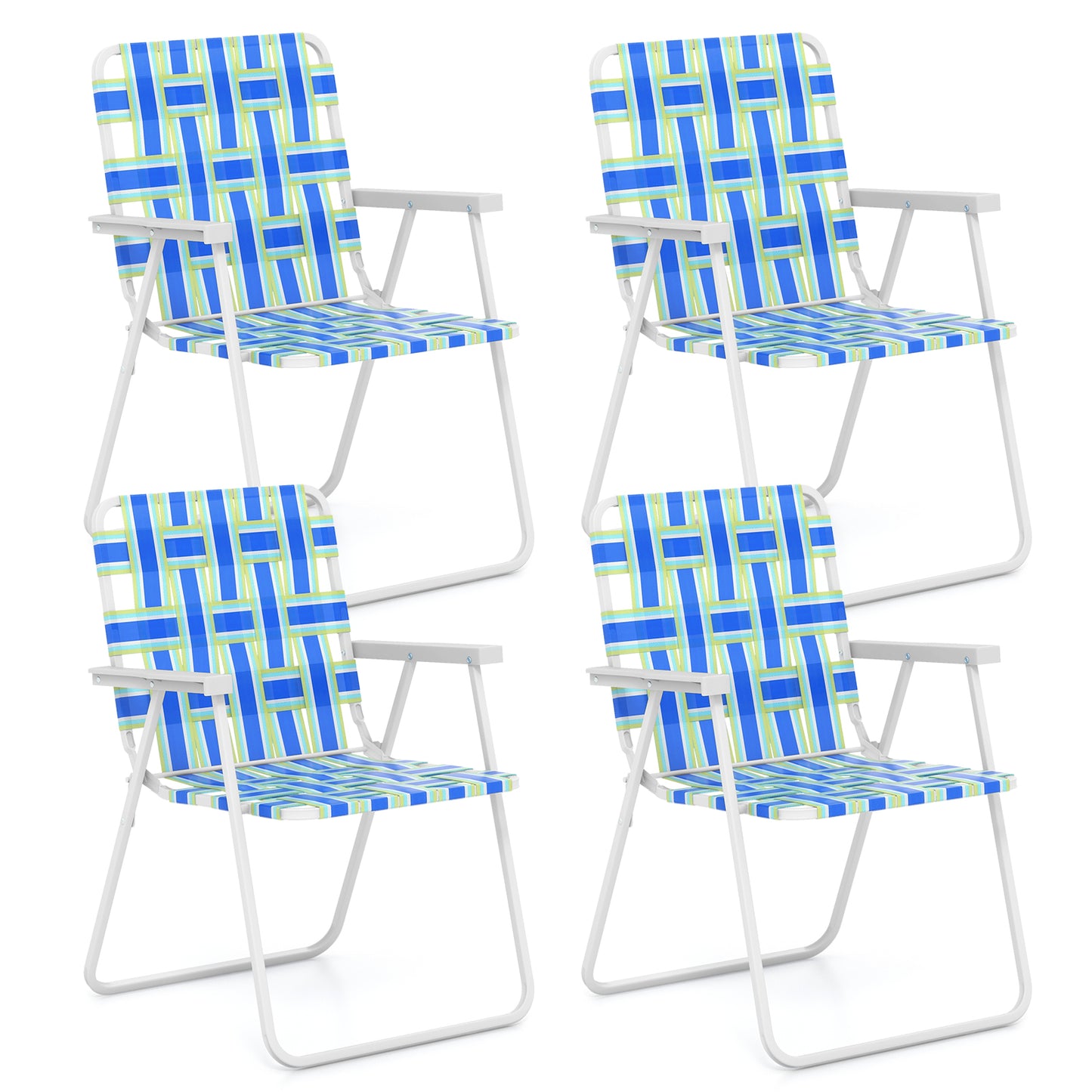 Topbuy Set of 4 Webbed Lawn Chairs, Outdoor Patio Folding Chairs w/ Heavy-Duty Metal Frame Lightweight Portable Web Camping Chairs Blue