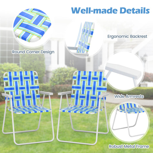 Topbuy Set of 4 Webbed Lawn Chairs, Outdoor Patio Folding Chairs w/ Heavy-Duty Metal Frame Lightweight Portable Web Camping Chairs Blue