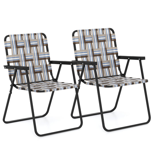 Topbuy Set of 2 Webbed Lawn Chairs, Outdoor Patio Folding Chairs w/ Heavy-Duty Metal Frame Lightweight Portable Web Camping Chairs Brown