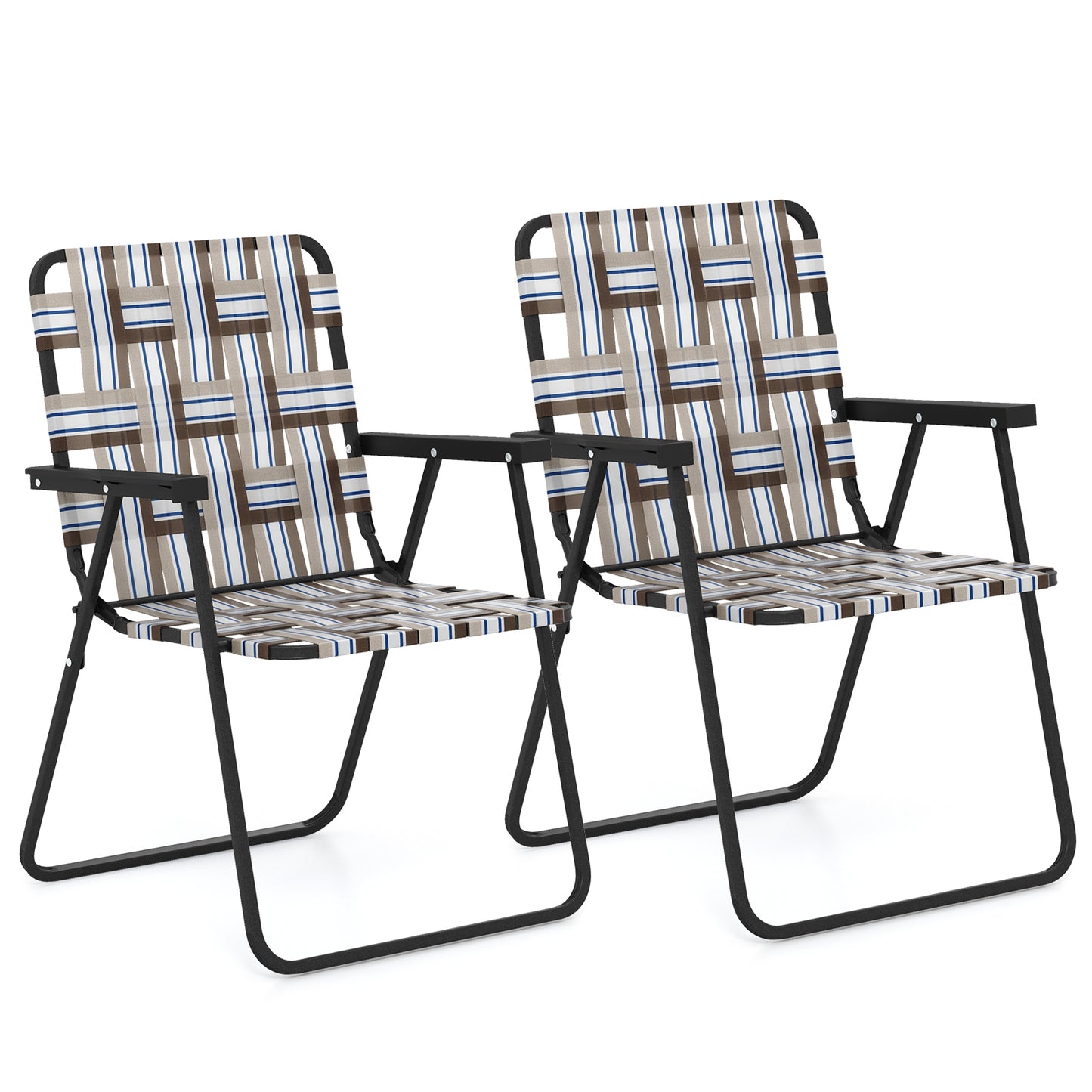 Topbuy Set of 2 Webbed Lawn Chairs, Outdoor Patio Folding Chairs w/ Heavy-Duty Metal Frame Lightweight Portable Web Camping Chairs Blue/Brown/Red