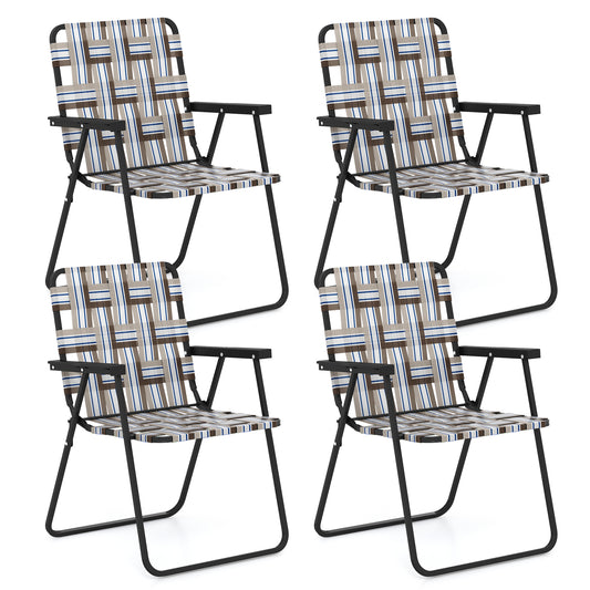 Topbuy Set of 4 Webbed Lawn Chairs, Outdoor Patio Folding Chairs w/ Heavy-Duty Metal Frame Lightweight Portable Web Camping Chairs Brown