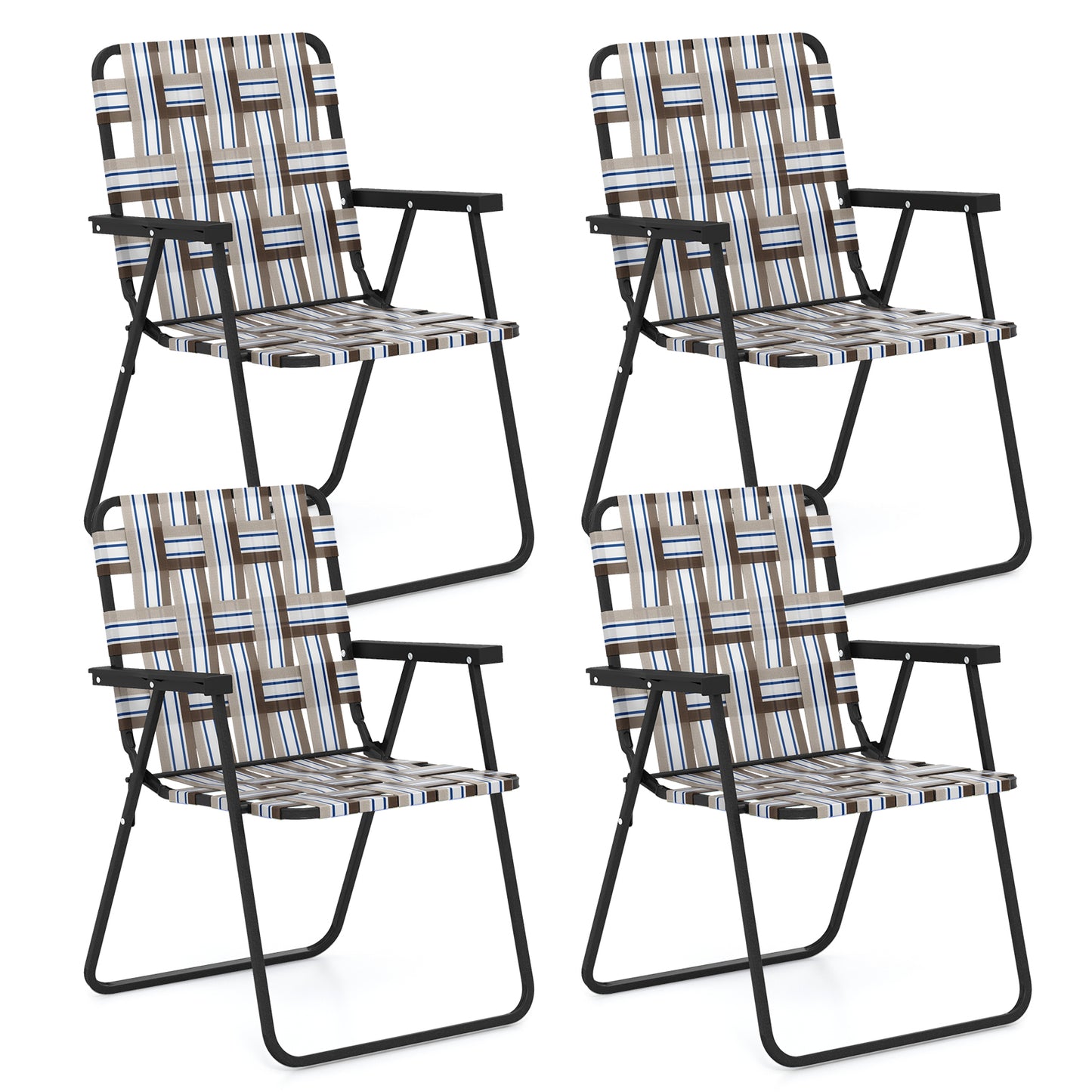 Topbuy Set of 4 Webbed Lawn Chairs, Outdoor Patio Folding Chairs w/ Heavy-Duty Metal Frame Lightweight Portable Web Camping Chairs Blue/Brown/Red