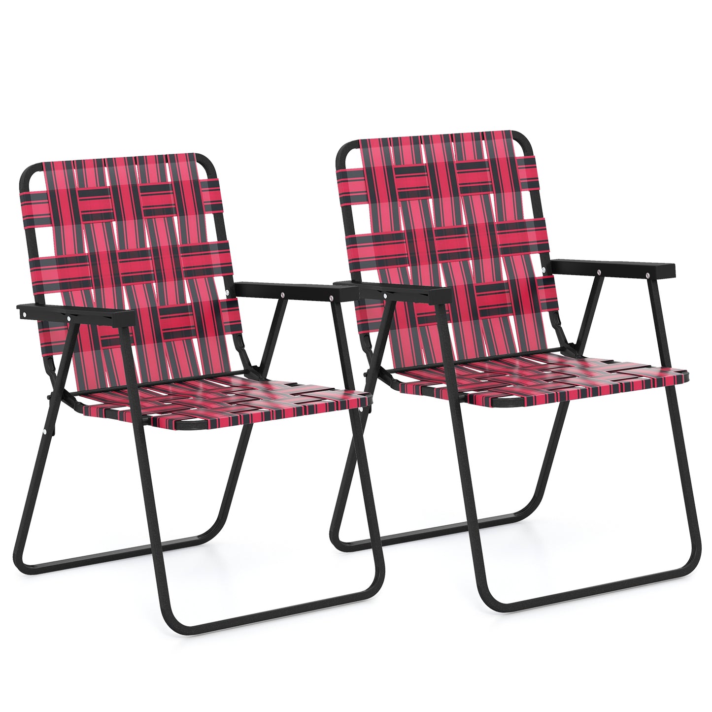 Topbuy Set of 2 Webbed Lawn Chairs, Outdoor Patio Folding Chairs w/ Heavy-Duty Metal Frame Lightweight Portable Web Camping Chairs Red