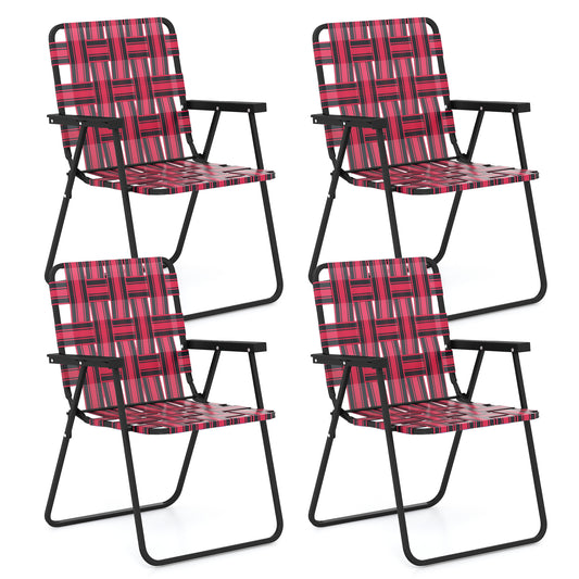 Topbuy Set of 4 Webbed Lawn Chairs, Outdoor Patio Folding Chairs w/ Heavy-Duty Metal Frame Lightweight Portable Web Camping Chairs Red