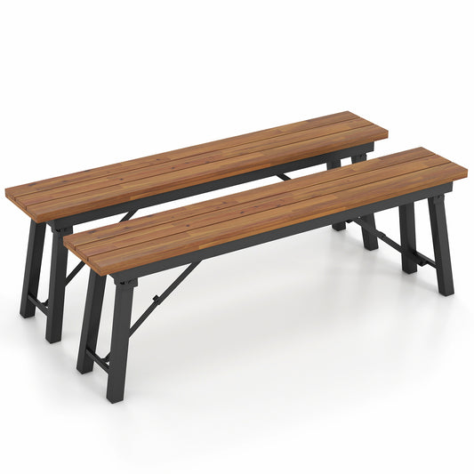 Topbuy Outdoor Folding Bench Set of 2  55 Inches Long 2-3 Person Acacia Wood Backless Patio Dining Bench