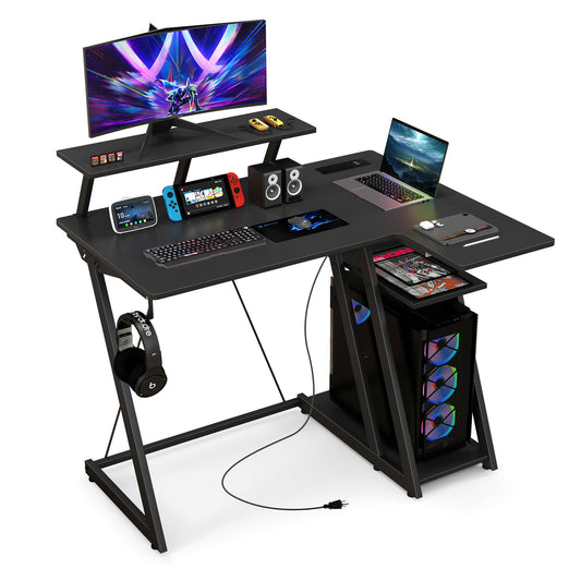 Topbuy Computer Desk w/ Built-in Charge Station Metal Frame Gaming Desk w/ Monitor Shelf Modern Writing Desk Workstation Table for Office Room Black