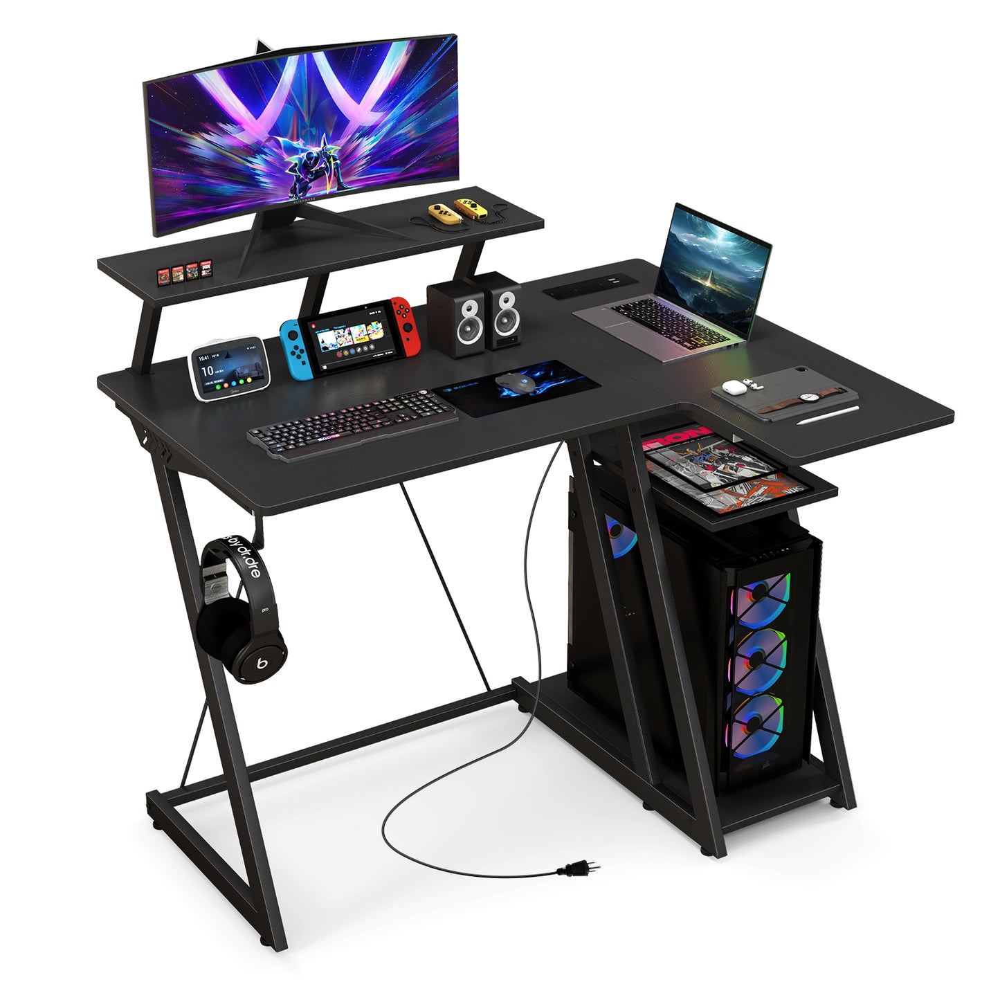 Topbuy Computer Desk w/ Built-in Charge Station Metal Frame Gaming Desk w/ Monitor Shelf Modern Writing Desk Workstation Table for Office Room Black/White/Pink