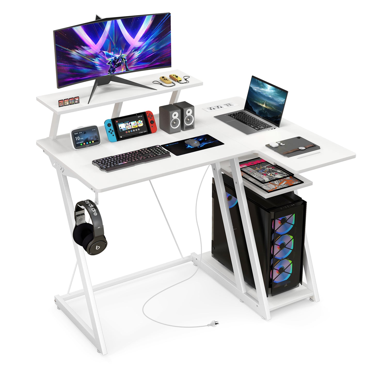 Topbuy Computer Desk w/ Built-in Charge Station Metal Frame Gaming Desk w/ Monitor Shelf Modern Writing Desk Workstation Table for Office Room White