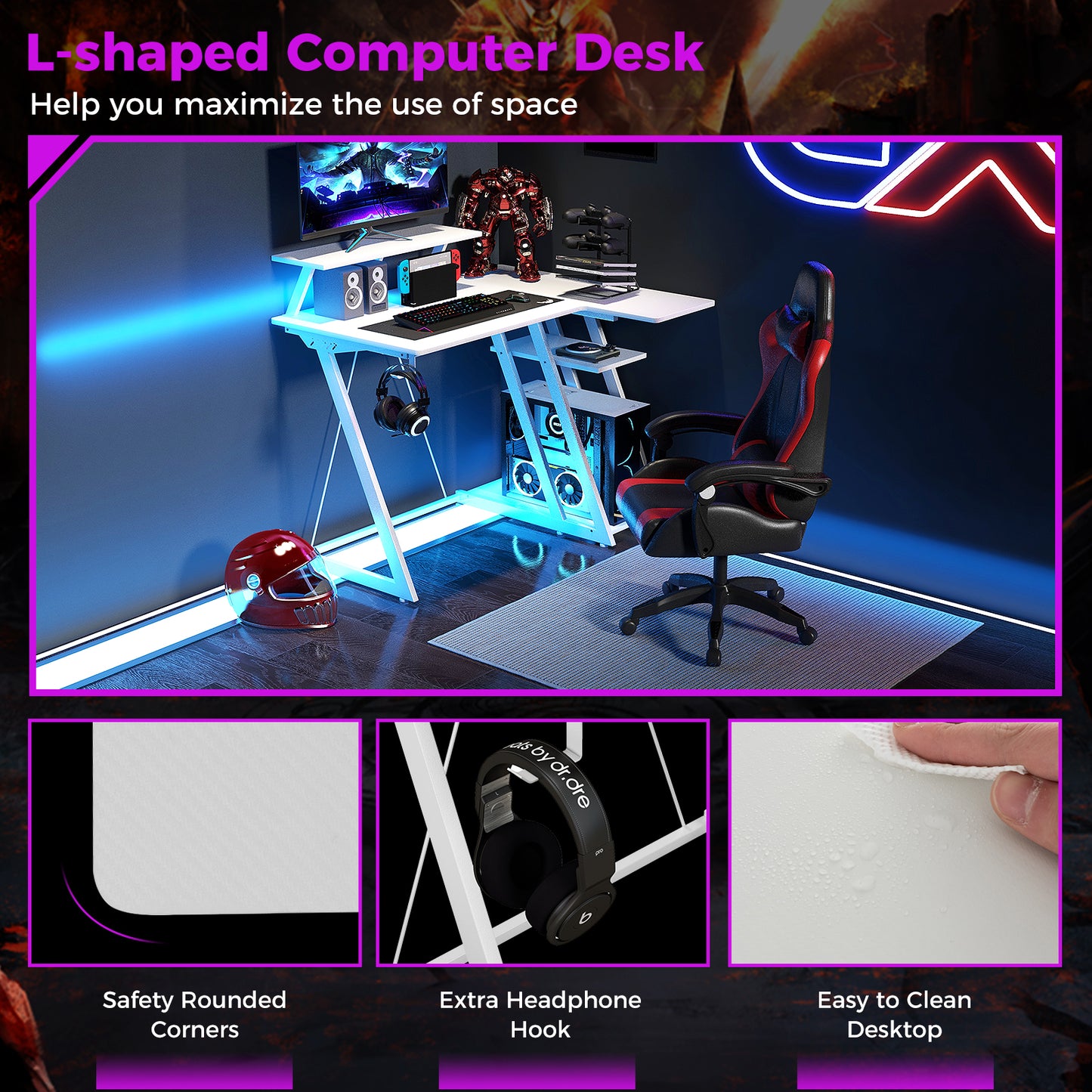 Topbuy Computer Desk w/ Built-in Charge Station Metal Frame Gaming Desk w/ Monitor Shelf Modern Writing Desk Workstation Table for Office Room Black/White/Pink