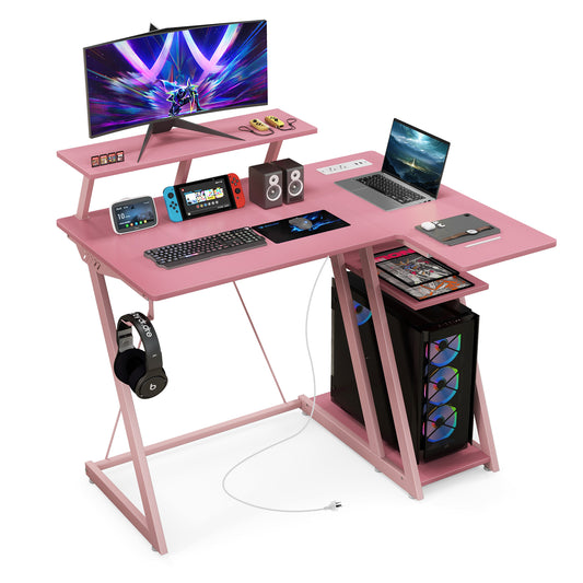 Topbuy Computer Desk w/ Built-in Charge Station Metal Frame Gaming Desk w/ Monitor Shelf Modern Writing Desk Workstation Table for Office Room Pink