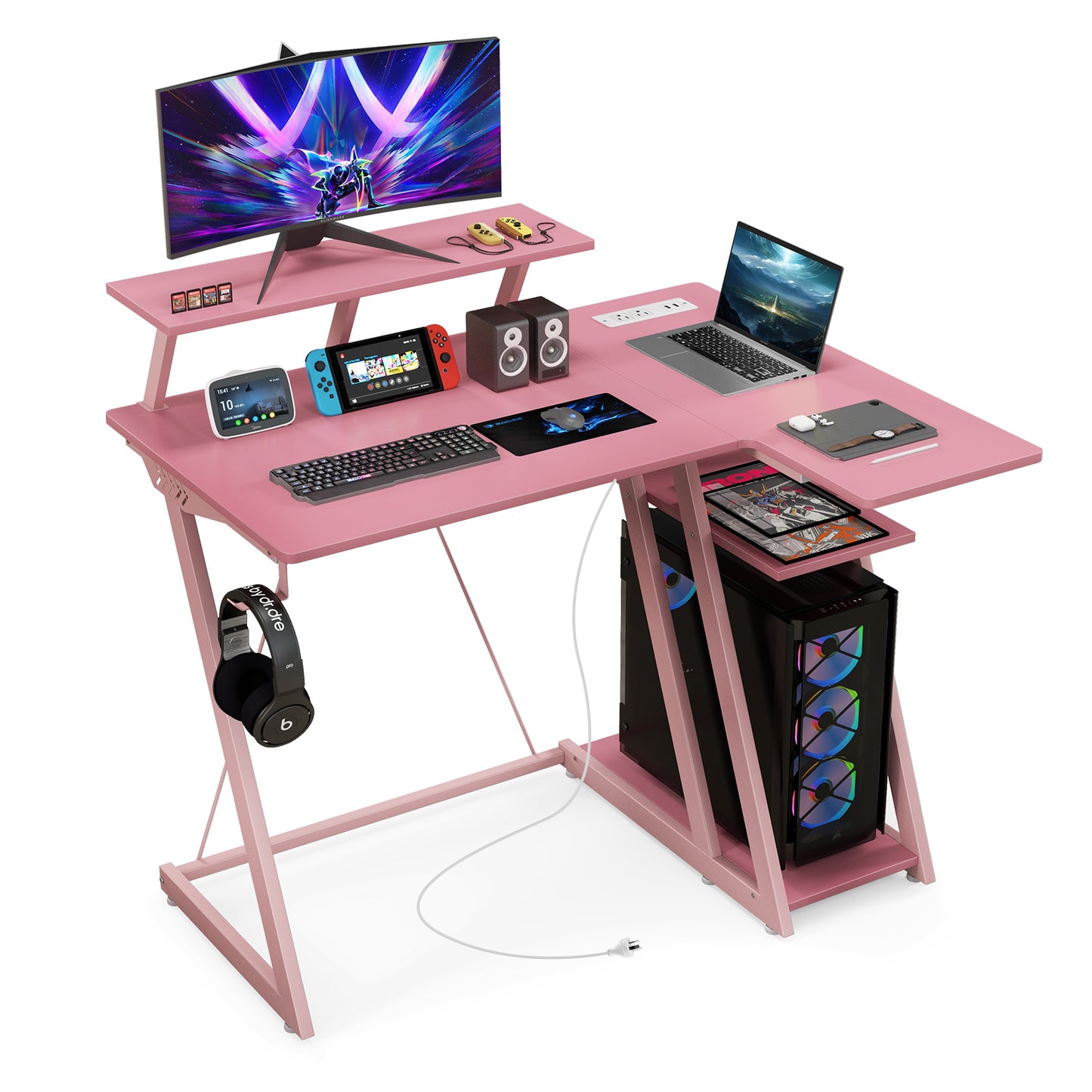 Topbuy Computer Desk w/ Built-in Charge Station Metal Frame Gaming Desk w/ Monitor Shelf Modern Writing Desk Workstation Table for Office Room Black/White/Pink