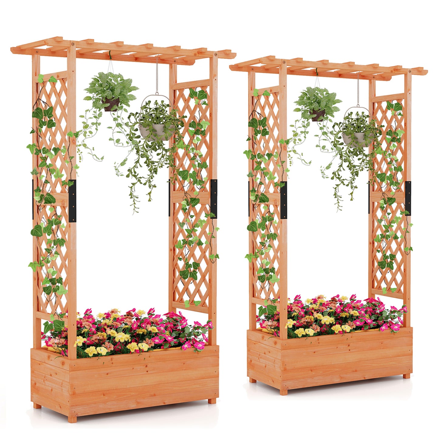 Topbuy 2pcs Raised Garden Bed with Trellis, Wood Elevated Garden Bed with Hanging Roof  Planter Box Outdoor Planting Bed for Garden Patio Yard