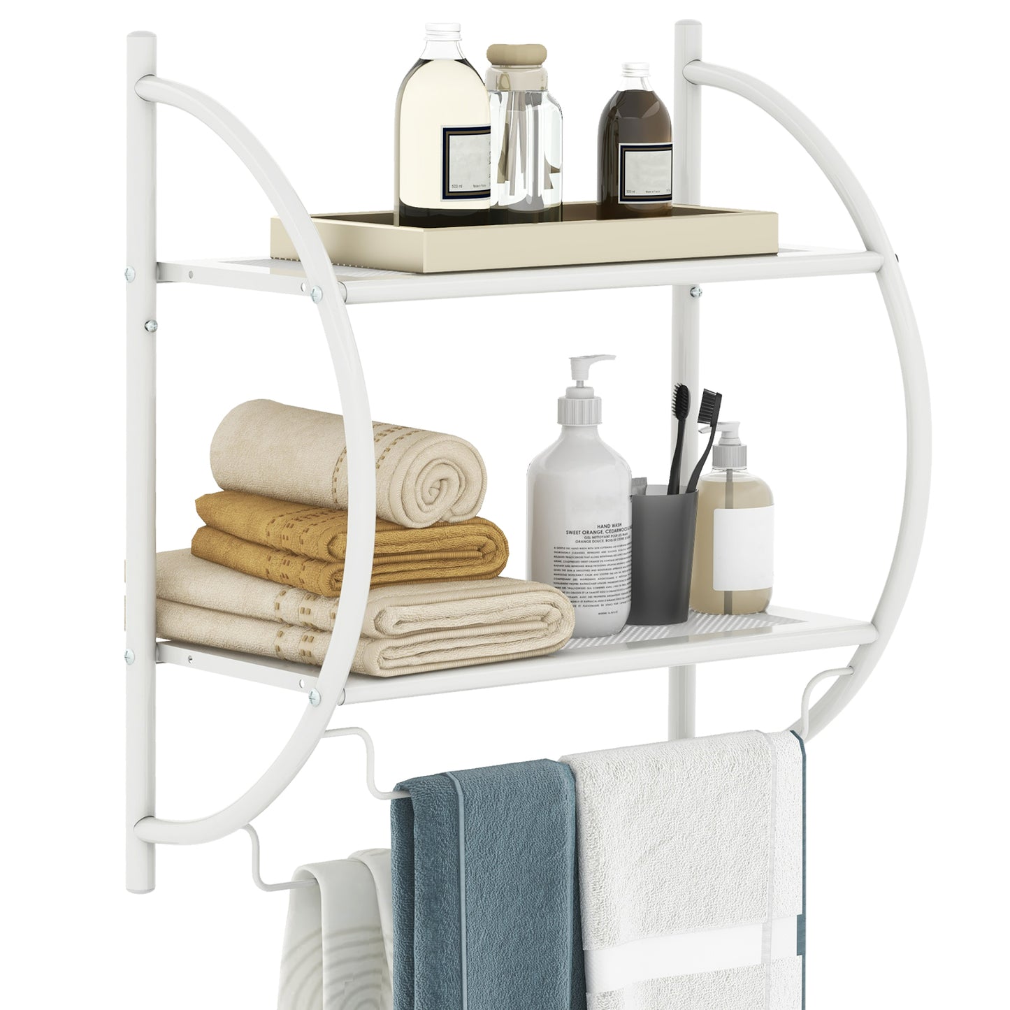 Topbuy Wall Mounted Bathroom Shelf w/ 2 Tier Bathroom Towel Rack  Rounded Frame Rustproof Multifunctional Towel Holder White