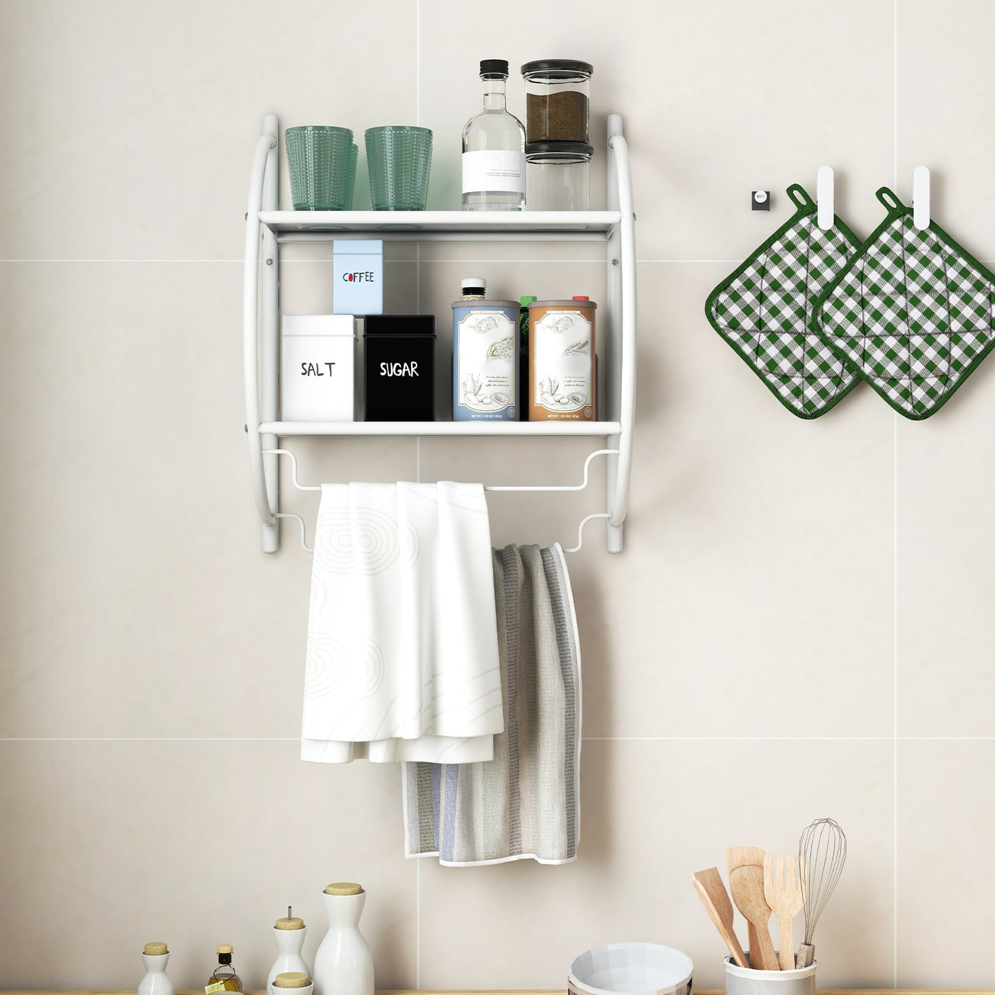 Topbuy Wall Mounted Bathroom Shelf w/ 2 Tier Bathroom Towel Rack  Rounded Frame Rustproof Multifunctional Towel Holder White