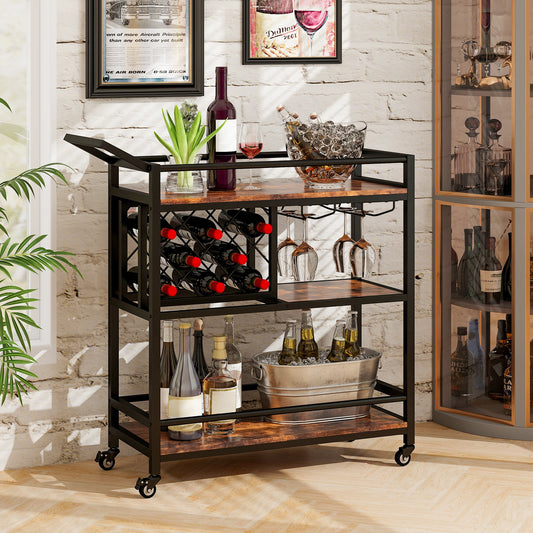 Topbuy 3-Tier Bar Cart Wheels Rolling Serving Cart with Wine Rack and Glass Holder Industrial Beverage Storage for Kitchen Dining Room Rustic Brown