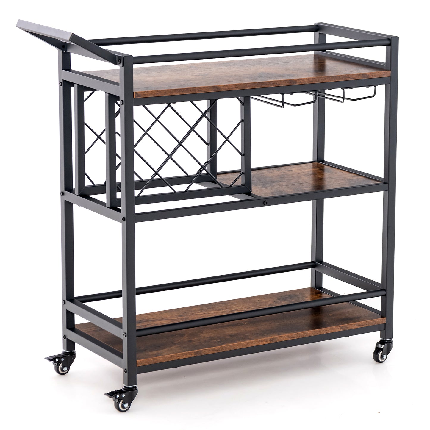 Topbuy 3-Tier Bar Cart Wheels Rolling Serving Cart with Wine Rack and Glass Holder Industrial Beverage Storage for Kitchen Dining Room Rustic Brown