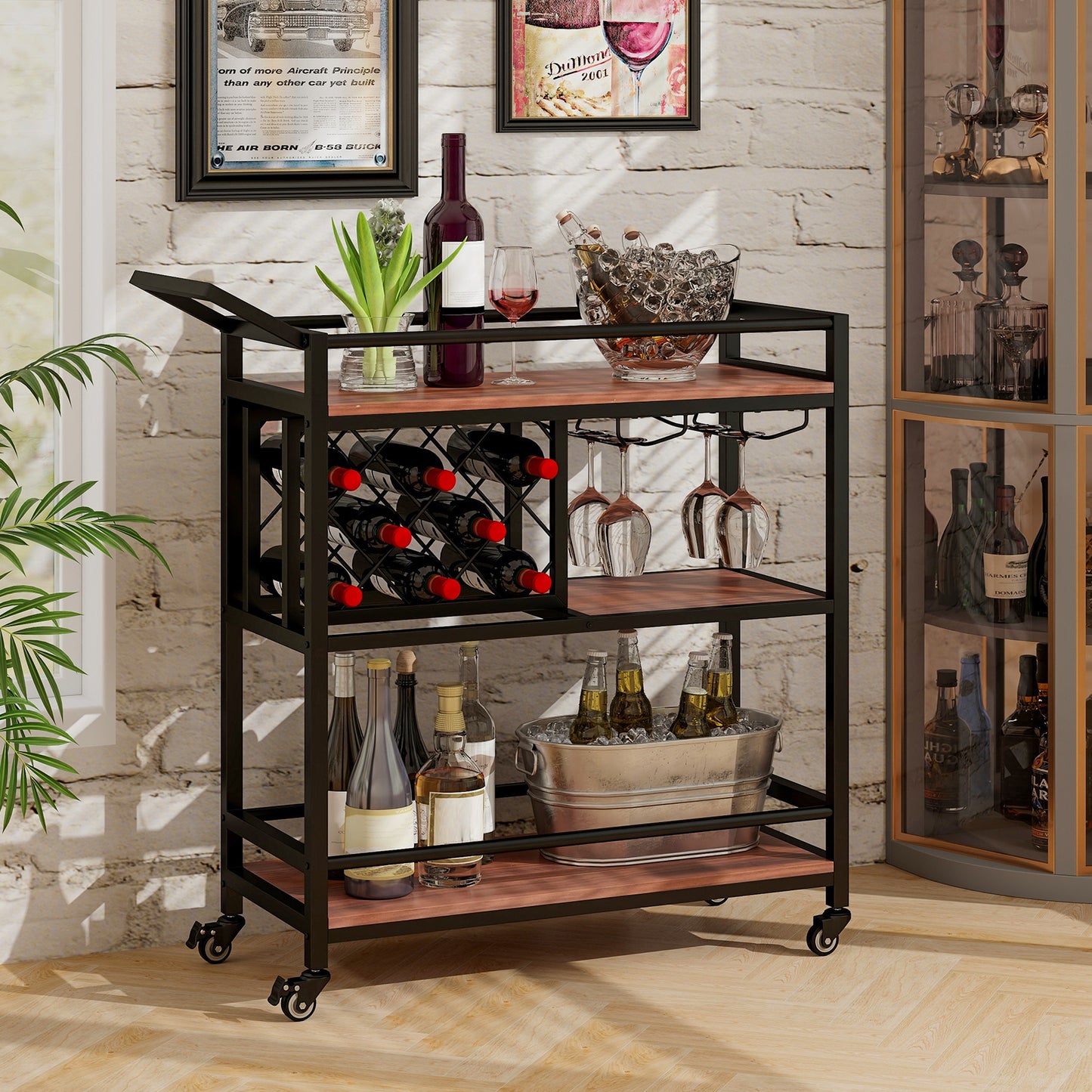 Topbuy 3-Tier Bar Cart Wheels Rolling Serving Cart with Wine Rack and Glass Holder Industrial Beverage Storage for Kitchen Dining Room Rustic Brown/Brown