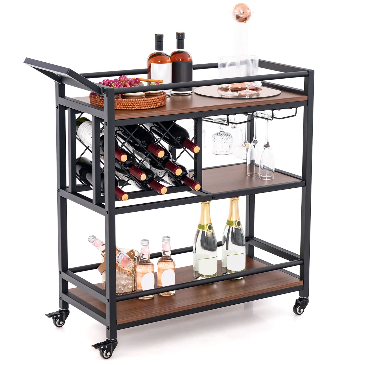 Topbuy 3-Tier Bar Cart Wheels Rolling Serving Cart with Wine Rack and Glass Holder Industrial Beverage Storage for Kitchen Dining Room Rustic Brown/Brown