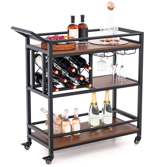 Topbuy 3-Tier Bar Cart on Wheels Rolling Serving with Wine Rack and Glass Holder Industrial Beverage Storage Cart  for Kitchen Dining Room Brown