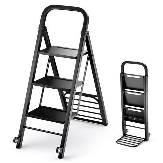 Topbuy 2-In-1 Hand Truck & Ladder Foldable 3-Step Ladder w/ Non-slip Wide Pedals Household Dolly Cart Ladder w/ 2 Directional Wheels